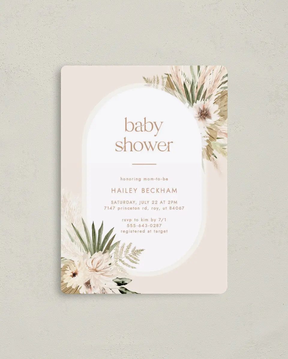 This is a 4" x 5½" Baby Shower Invitation Magnet called Boho Baby printed in full color with a Luxe Satin finish