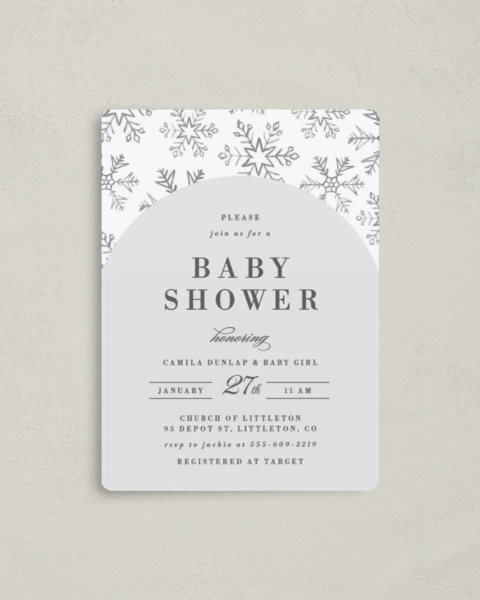 This is a 4" x 5½" Baby Shower Invitation Magnet called Snowflake Shower printed in full color with a Luxe Satin finish