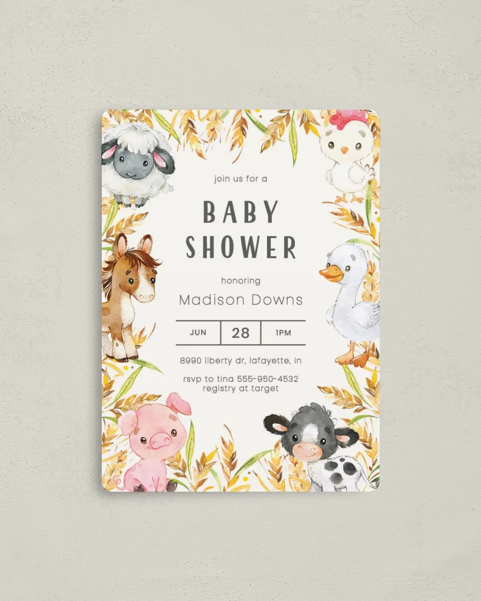 This is a 4" x 5½" Baby Shower Invitation Magnet called Farm Frame printed in full color with a Luxe Satin finish