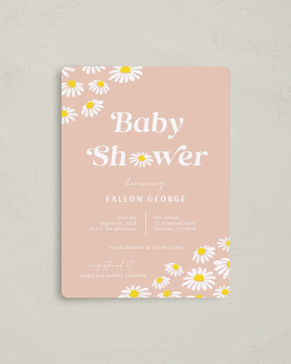 This is a 4" x 5½" Baby Shower Invitation Magnet called Daisy Crazy printed in full color with a Luxe Satin finish