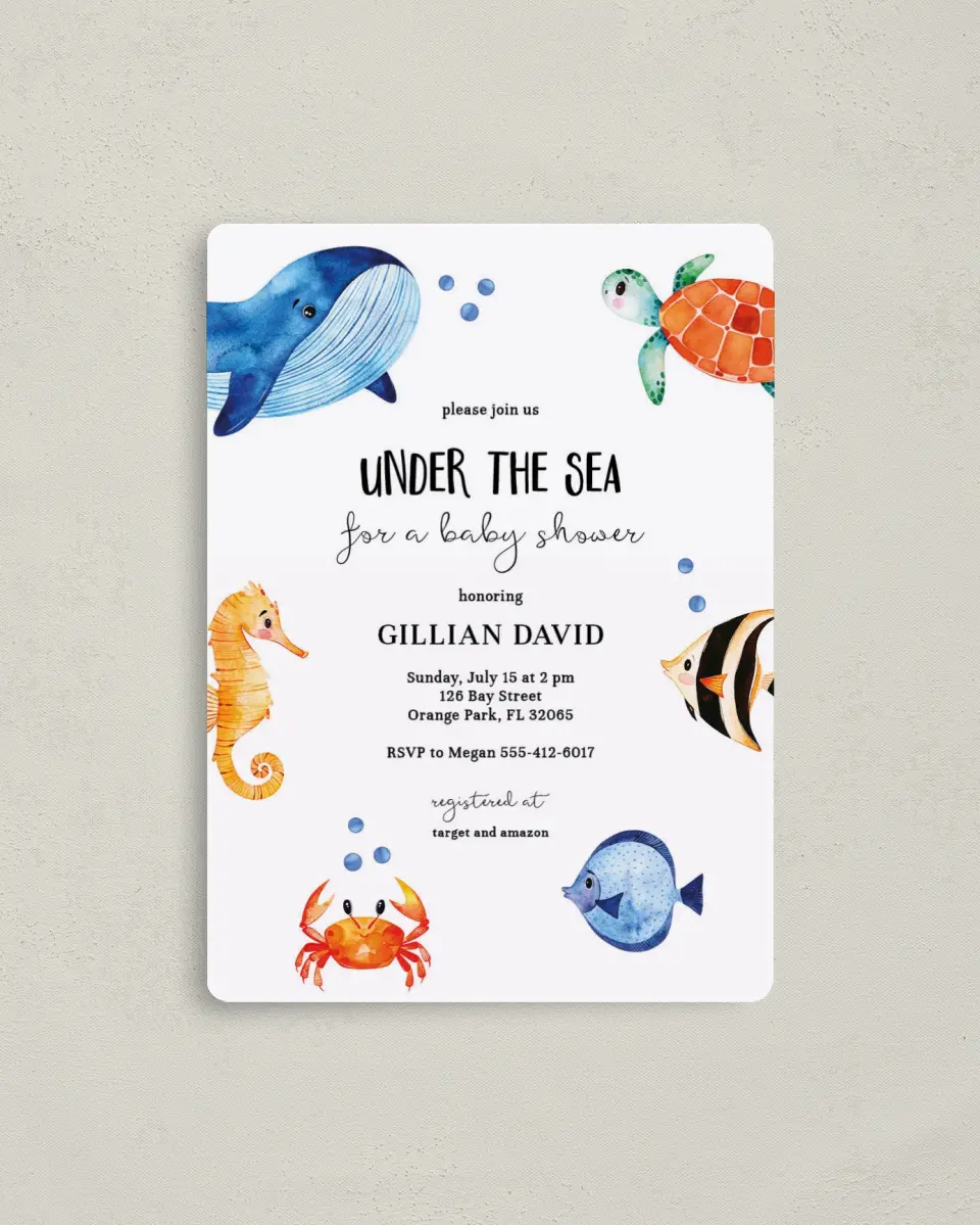This is a 4" x 5½" Baby Shower Invitation Magnet called Submerged Shower printed in full color with a Luxe Satin finish
