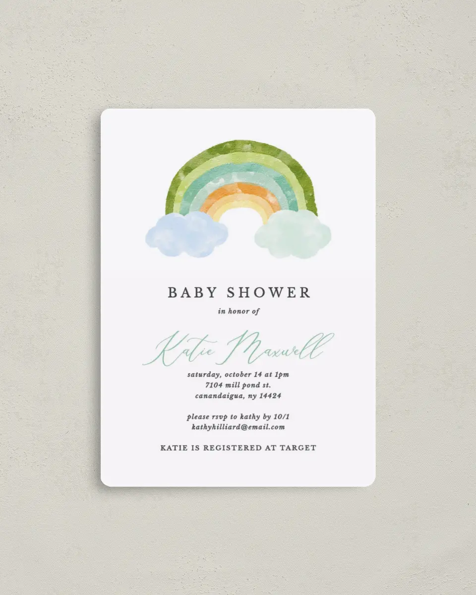 This is a 4" x 5½" Baby Shower Invitation Magnet called Rainbow Baby printed in full color with a Luxe Satin finish