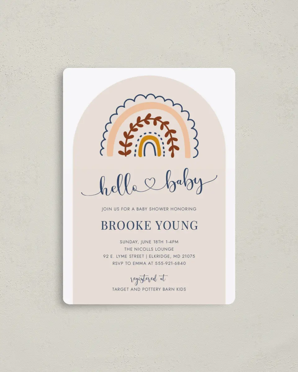 This is a 4" x 5½" Baby Shower Invitation Magnet called Rainbow Hello printed in full color with a Luxe Satin finish