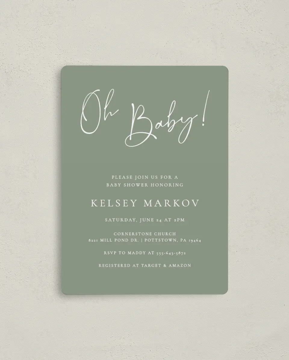 This is a 4" x 5½" Baby Shower Invitation Magnet called Oh Baby printed in full color with a Luxe Satin finish