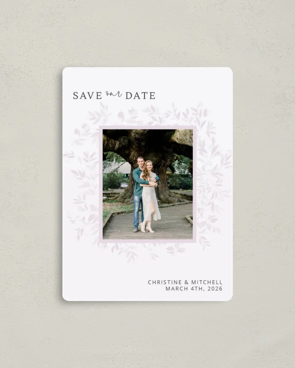 This is a 4" x 5½" Save the Date Magnet called Lush Leaves printed in full color with a Luxe Satin finish