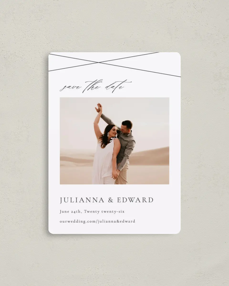 This is a 4" x 5½" Save the Date Magnet called Distinct Lines printed in full color with a Luxe Satin finish