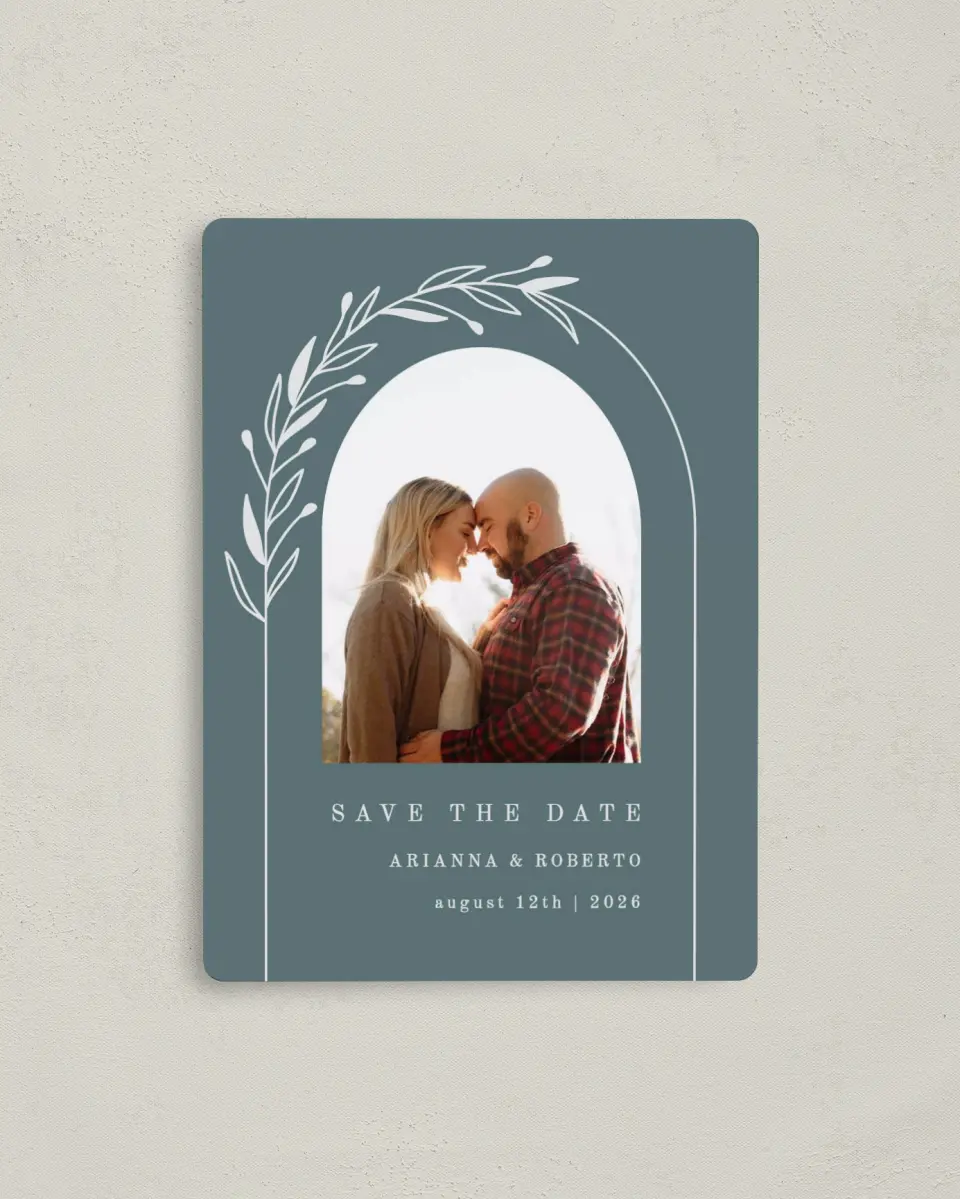 This is a 4" x 5½" Save the Date Magnet called Growing Arc printed in full color with a Luxe Satin finish