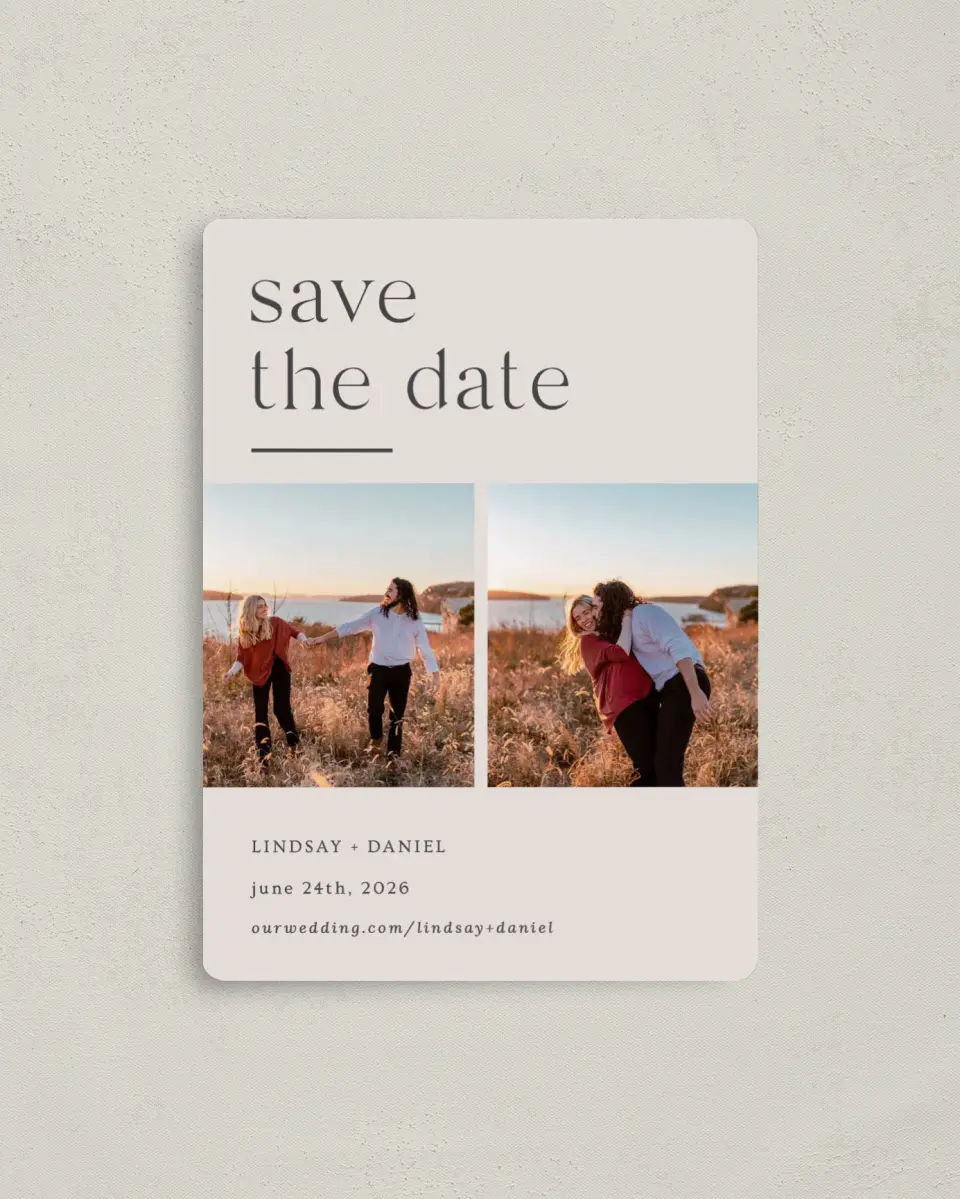 This is a 4" x 5½" Save the Date Magnet called Simple Gathering printed in full color with Rose Gold foil and a Luxe Satin finish