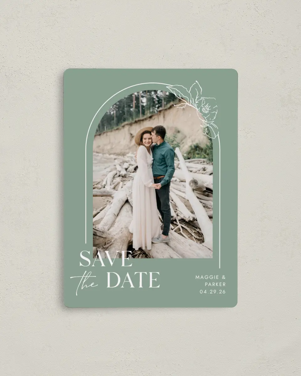 This is a 4" x 5½" Save the Date Magnet called Blossoming Arch printed in full color with a Luxe Satin finish