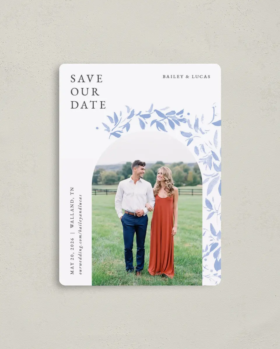 This is a 4" x 5½" Save the Date Magnet called Soft Botanics printed in full color with a Luxe Satin finish