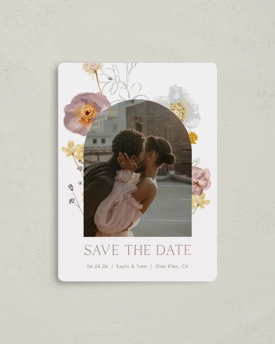 This is a 4" x 5½" Save the Date Magnet called Enchanting Wildflowers printed in full color with a Luxe Satin finish