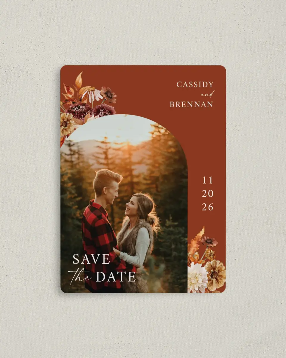 This is a 4" x 5½" Save the Date Magnet called Autumn Florals printed in full color with a Luxe Satin finish