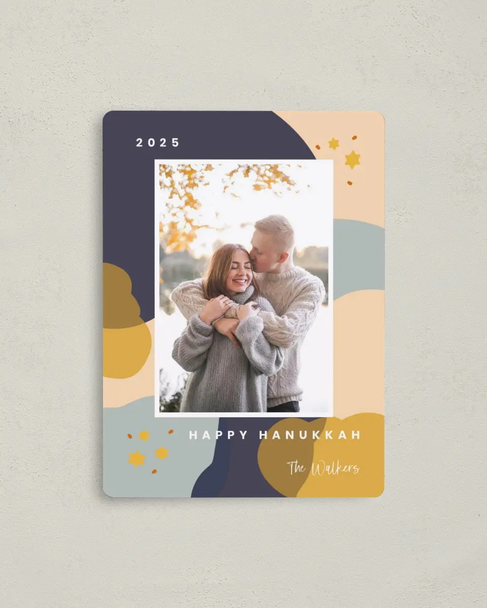 This is a 4" x 5½" Hanukkah Card called Stars in the Sky printed in full color with Silver foil and a Luxe Satin finish