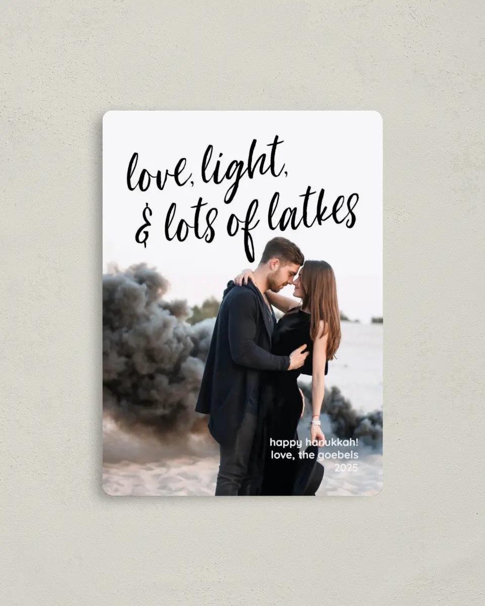 This is a 4" x 5½" Hanukkah Card called Love, Light & Latkes printed in full color with Silver foil and a Luxe Satin finish