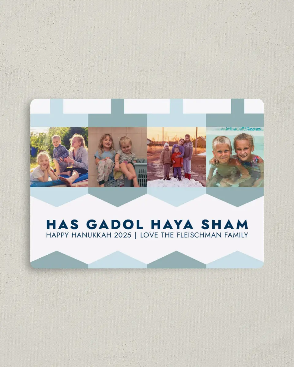 This is a 4" x 5½" Hanukkah Card called A Great Miracle printed in full color with Silver foil and a Luxe Satin finish