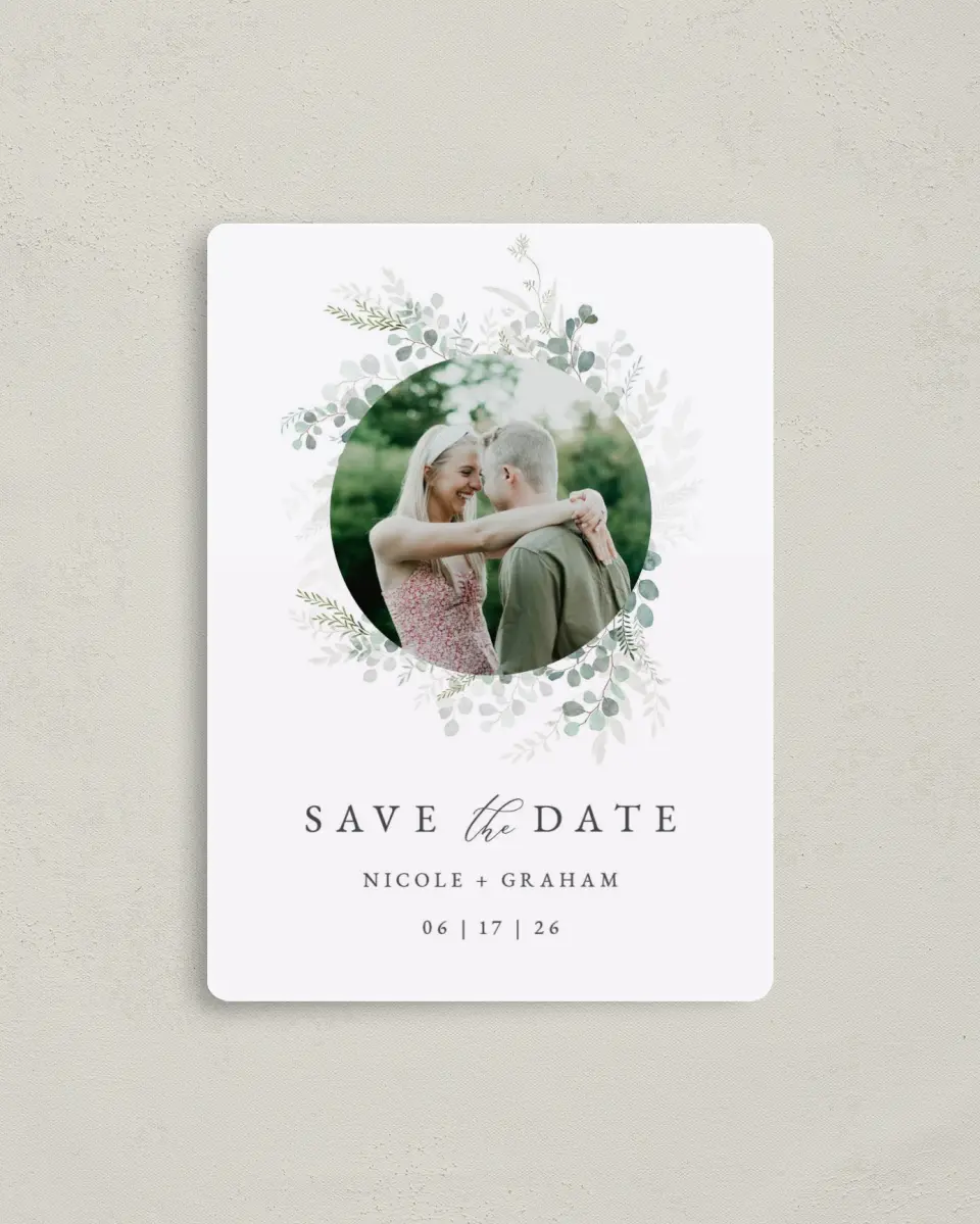This is a 4" x 5½" Save the Date Magnet called Elegant Greenery printed in full color with a Luxe Satin finish