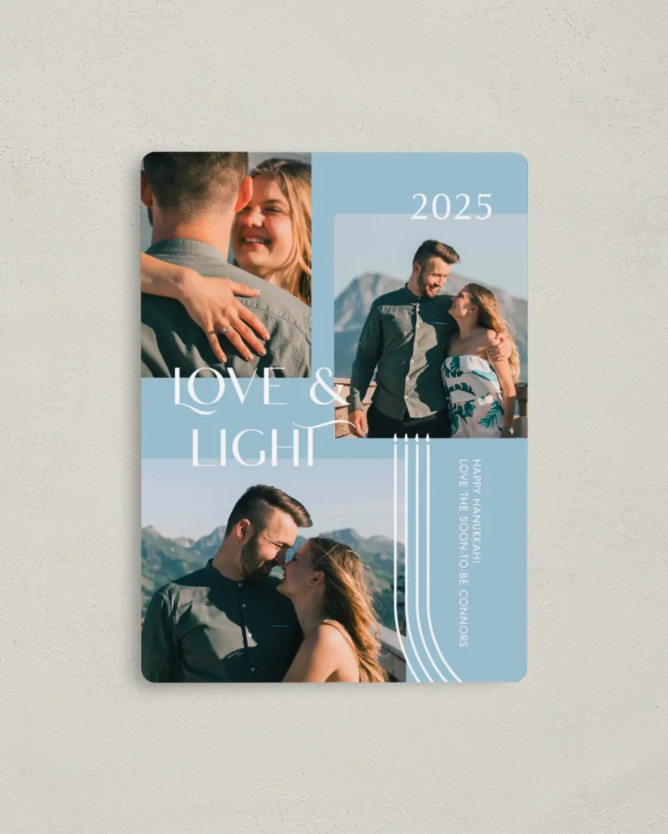 This is a 4" x 5½" Hanukkah Card called Candlelight printed in full color with Silver foil and a Luxe Satin finish