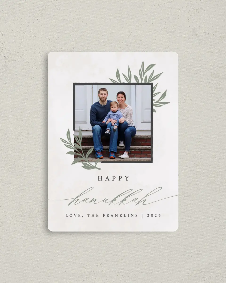 This is a 4" x 5½" Hanukkah Card called Sprigs & Shalom printed in full color with Silver foil and a Luxe Satin finish