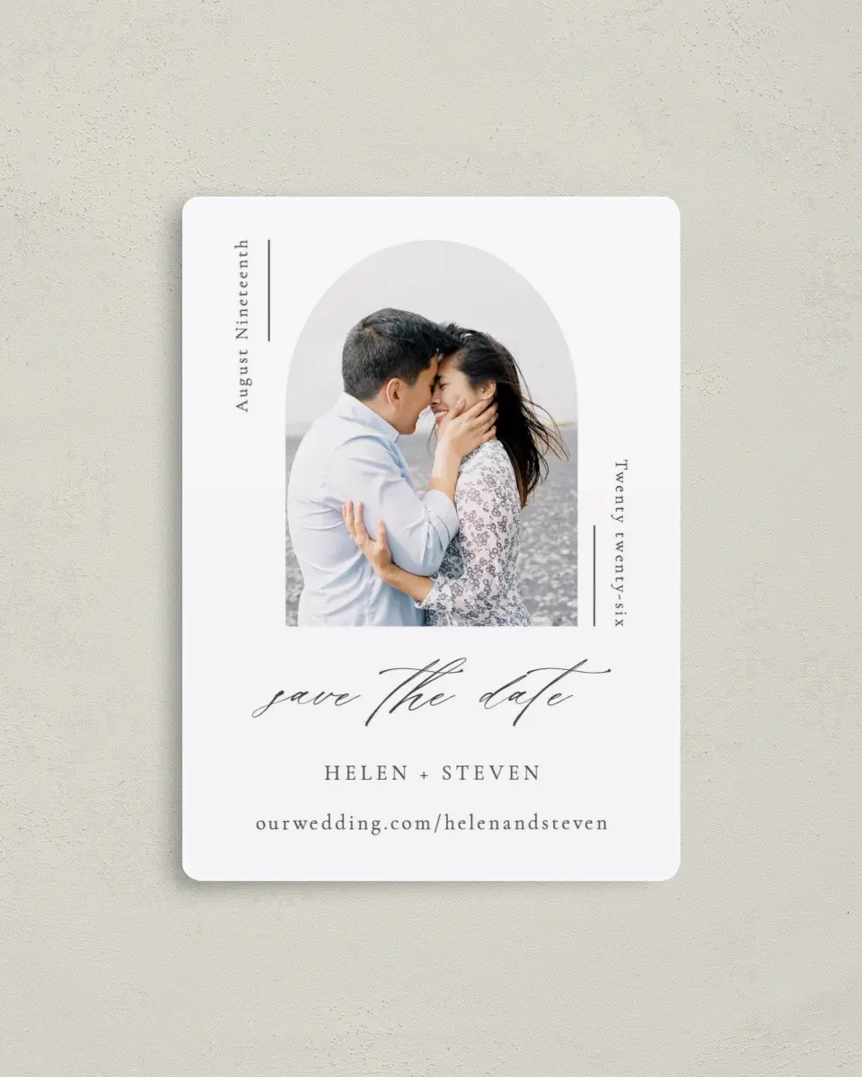 This is a 4" x 5½" Save the Date Magnet called Quiet Scene printed in full color with a Luxe Satin finish