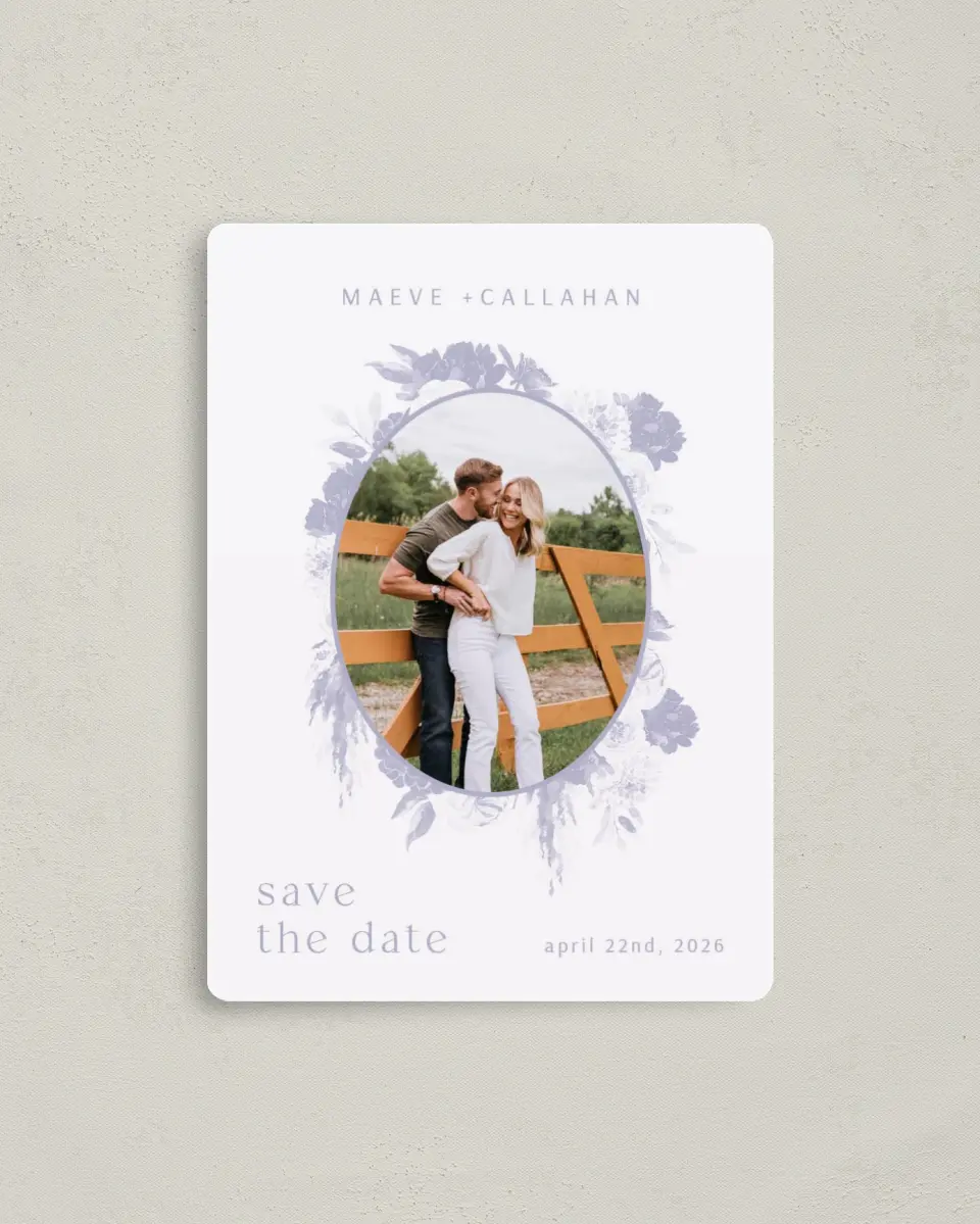 This is a 4" x 5½" Save the Date Magnet called Sweet Botanical printed in full color with a Luxe Satin finish