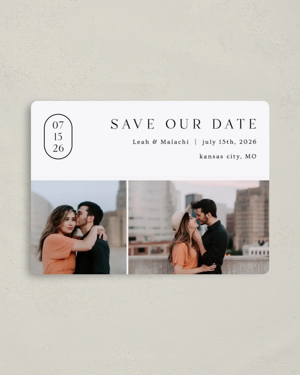 This is a 4" x 5½" Save the Date Magnet called Precise Promise printed in full color with a Luxe Satin finish