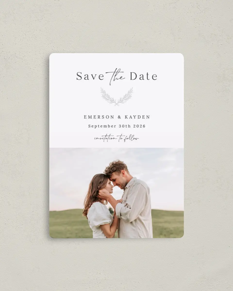 This is a 4" x 5½" Save the Date Magnet called Soft Sprig printed in full color with a Luxe Satin finish