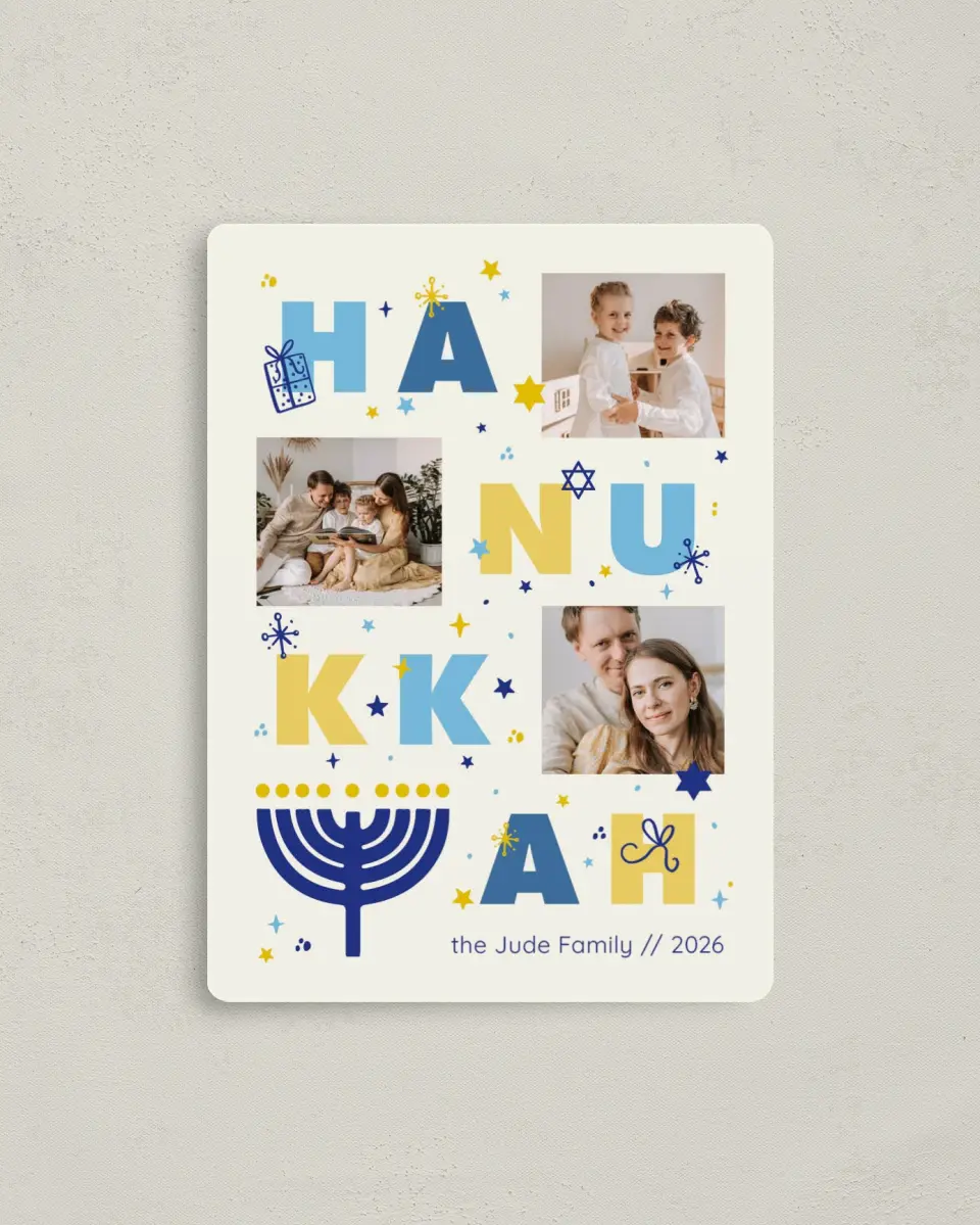 This is a 4" x 5½" Hanukkah Card called Happy Menorah printed in full color with Silver foil and a Luxe Satin finish