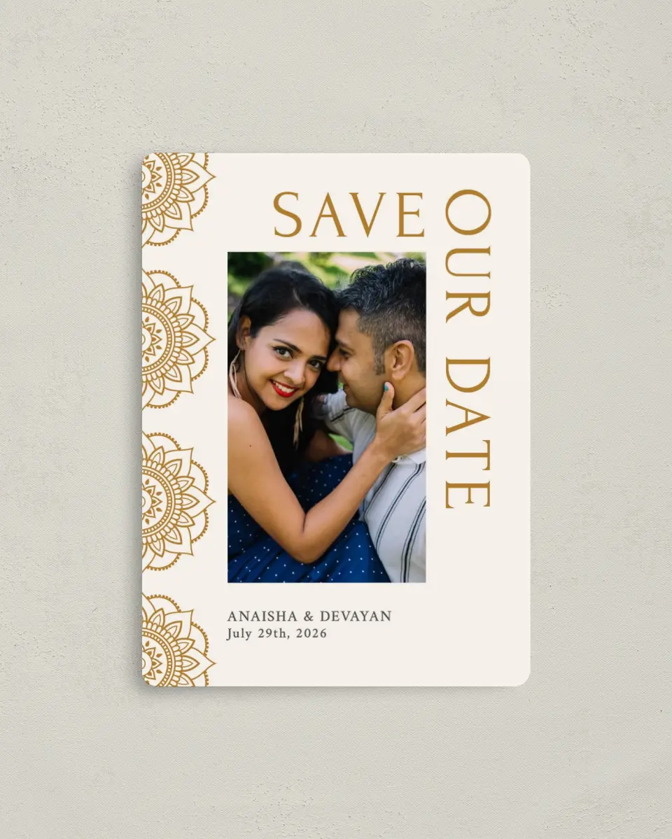 This is a 4" x 5½" Save the Date Magnet called Indian Mandala printed in full color with a Luxe Satin finish