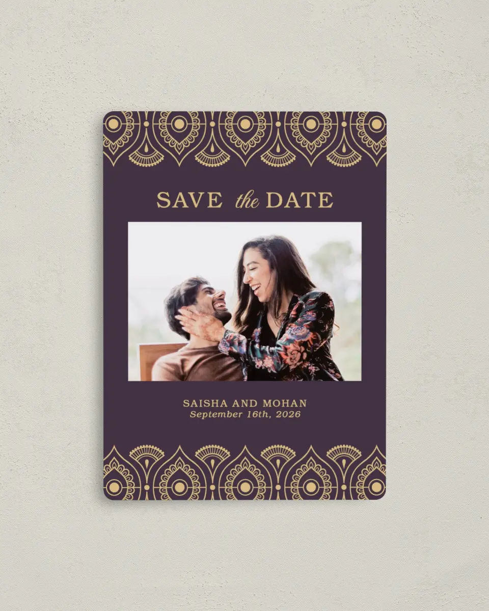 This is a 4" x 5½" Save the Date Magnet called Royal Pattern printed in full color with a Luxe Satin finish