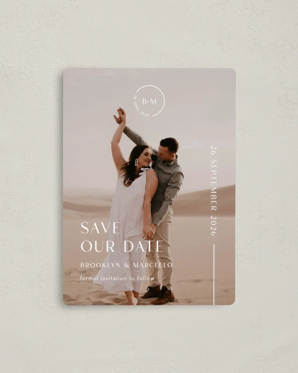 This is a 4" x 5½" Save the Date Magnet called The Brooklyn printed in full color with a Luxe Satin finish