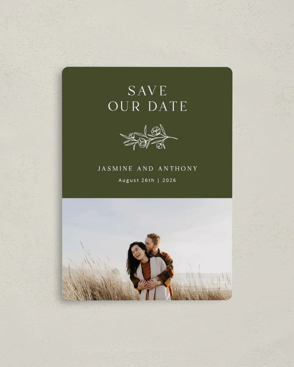 This is a 4" x 5½" Save the Date Magnet called The Jasmine printed in full color with a Luxe Satin finish
