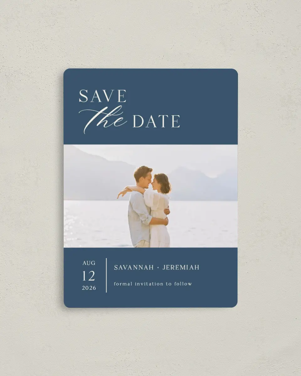 This is a 4" x 5½" Save the Date Magnet called The Savannah printed in full color with Rose Gold foil and a Luxe Satin finish