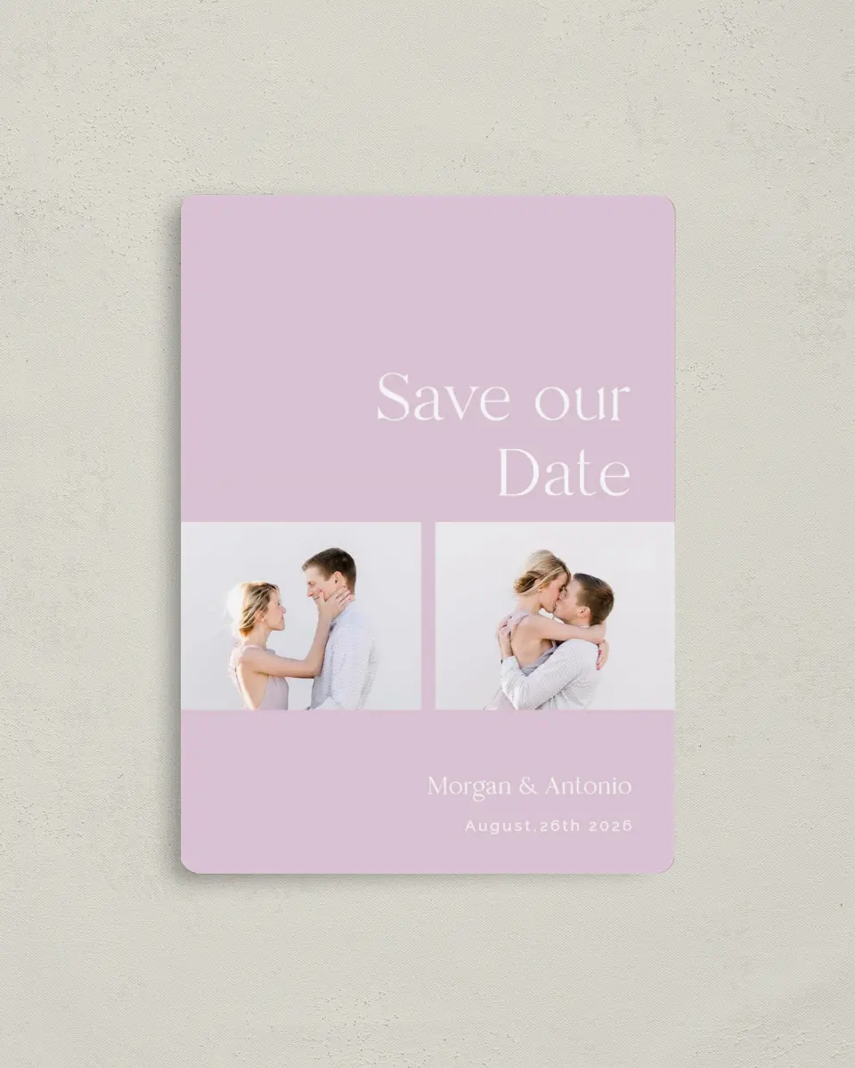 This is a 4" x 5½" Save the Date Magnet called The Morgan printed in full color with a Luxe Satin finish