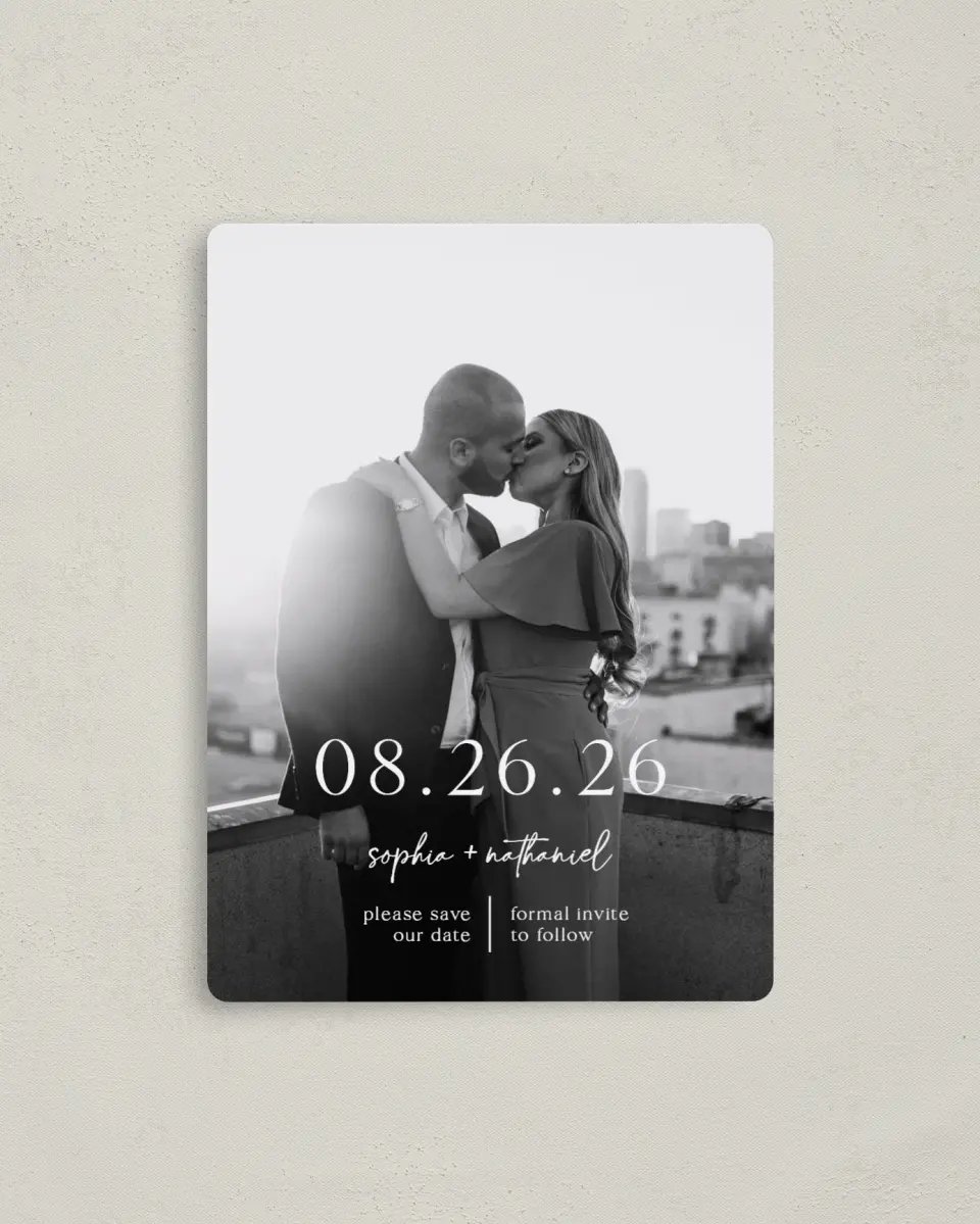 This is a 4" x 5½" Save the Date Magnet called The Sophia printed in full color with a Luxe Satin finish