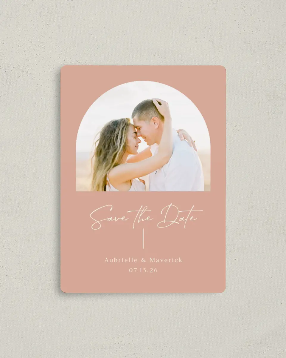 This is a 4" x 5½" Save the Date Magnet called The Aubrielle printed in full color with a Luxe Satin finish