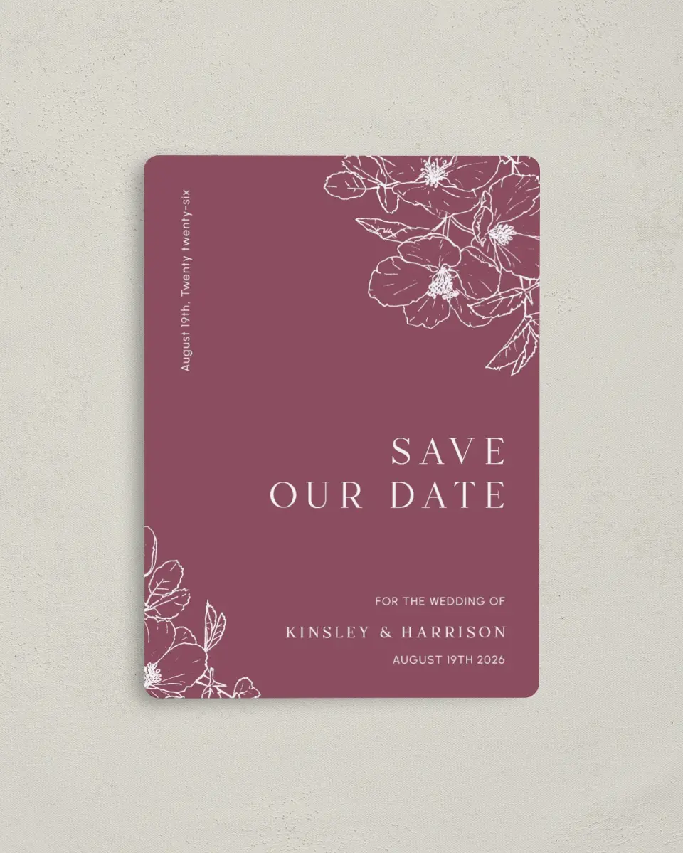 This is a 4" x 5½" Save the Date Magnet called The Kinsley printed in full color with a Luxe Satin finish