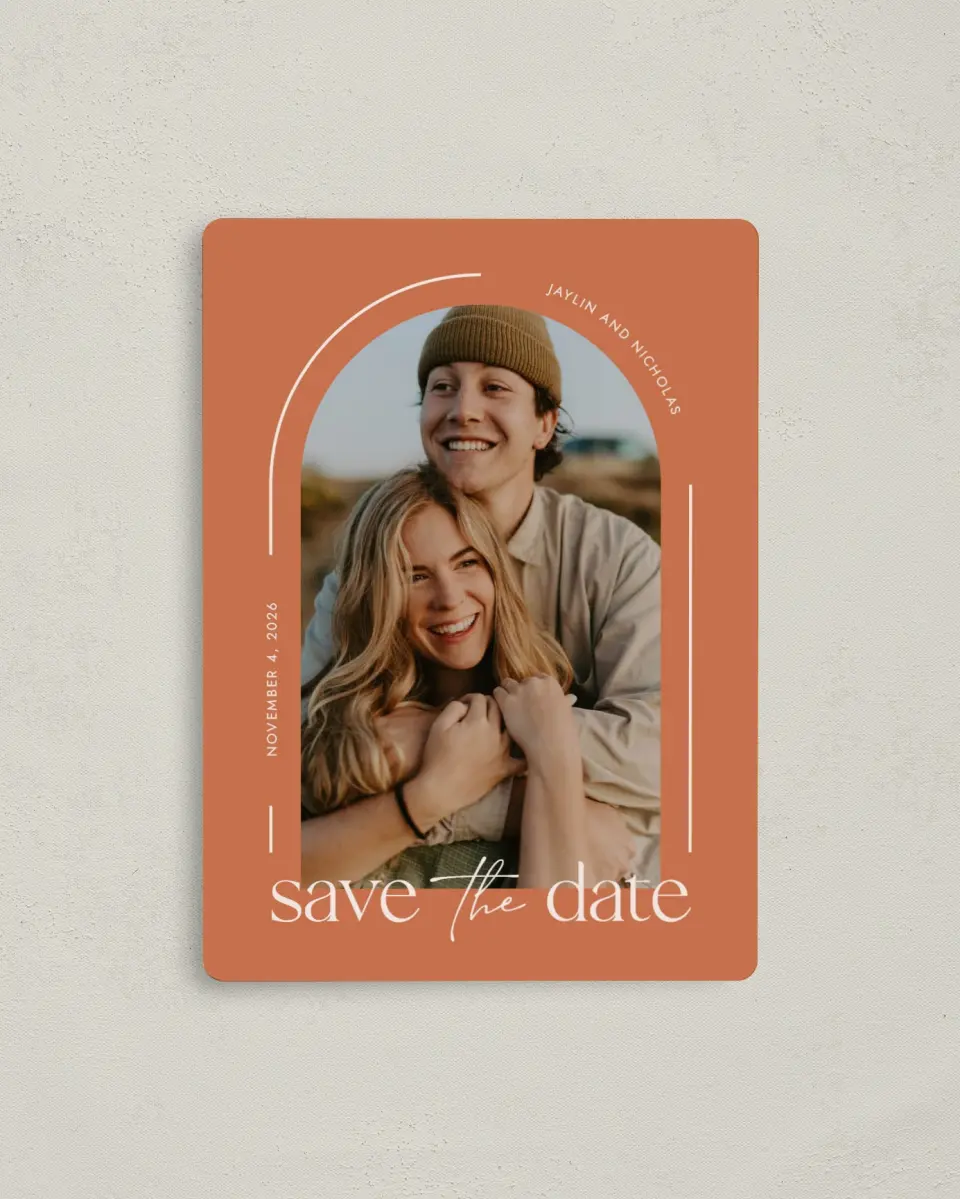 This is a 4" x 5½" Save the Date Magnet called The Jaylin printed in full color with a Luxe Satin finish