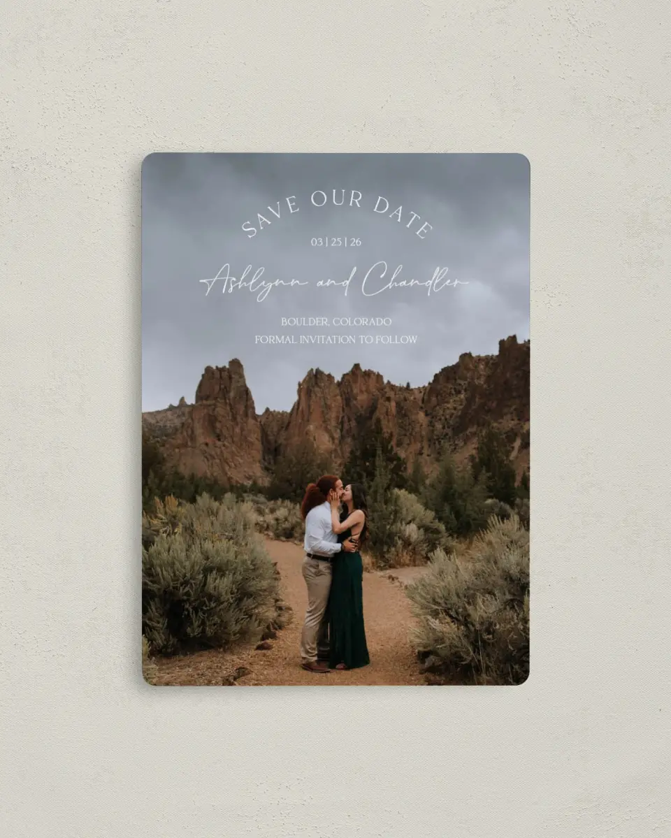 This is a 4" x 5½" Save the Date Magnet called The Ashlynn printed in full color with a Luxe Satin finish