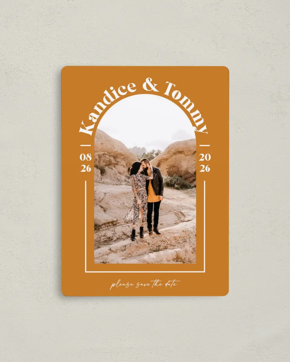 This is a 4" x 5½" Save the Date Magnet called The Kandice printed in full color with a Luxe Satin finish