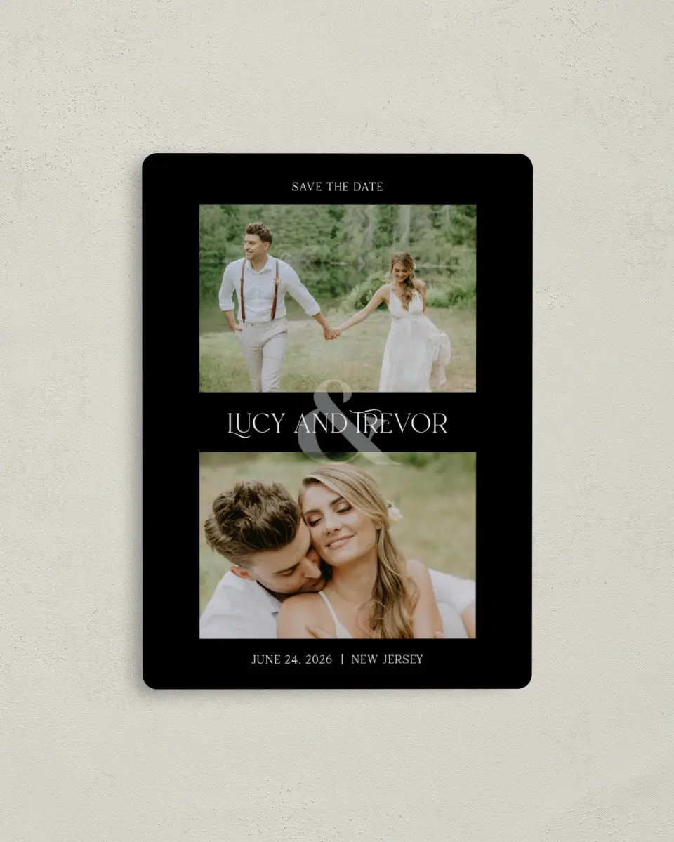 This is a 4" x 5½" Save the Date Magnet called The Lucy printed in full color with a Luxe Satin finish