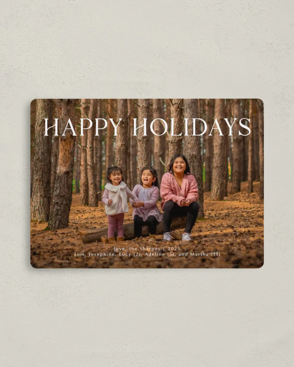 This is a 4" x 5½" Christmas Card called Holiday Happiness printed in full color with a Luxe Satin finish