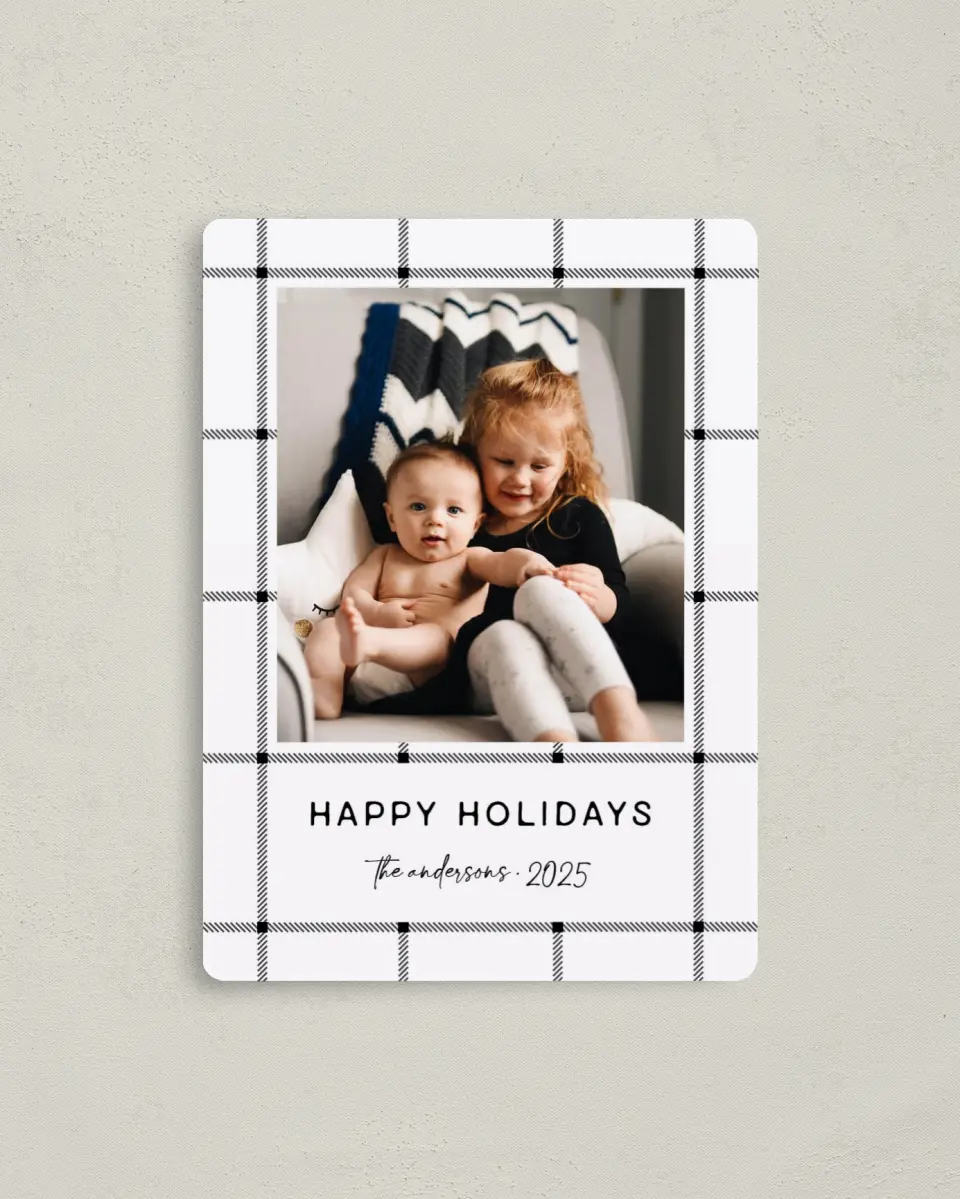 This is a 4" x 5½" Christmas Card called Farmhouse Plaid printed in full color with Silver foil and a Luxe Satin finish
