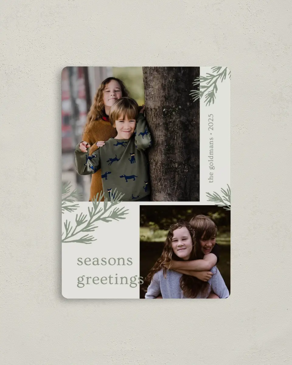 This is a 4" x 5½" Christmas Card called Bold Boughs printed in full color with a Luxe Satin finish