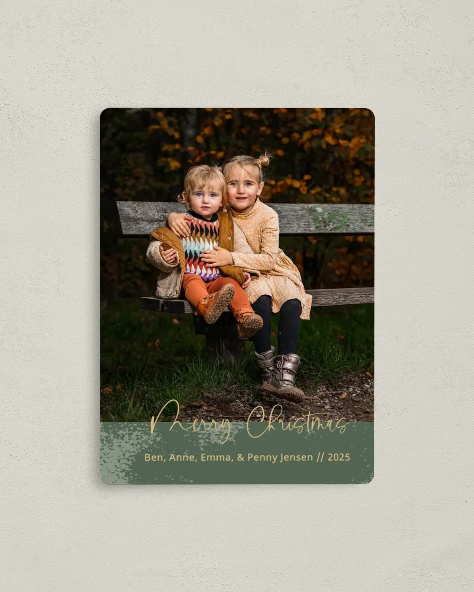 This is a 4" x 5½" Christmas Card called Brushed Banner printed in full color with Rose Gold foil and a Luxe Satin finish
