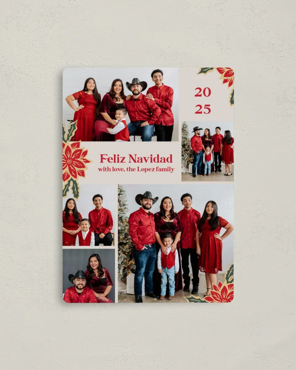 This is a 4" x 5½" Christmas Card called Floral Festival printed in full color with Rose Gold foil and a Luxe Satin finish