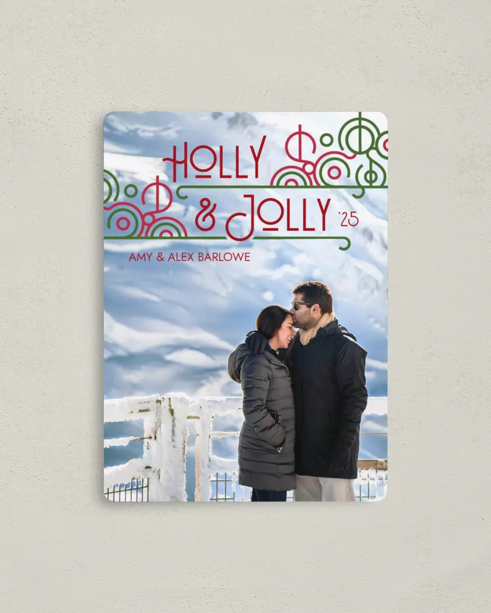 This is a 4" x 5½" Christmas Card called Holly & Jolly printed in full color with a Luxe Satin finish