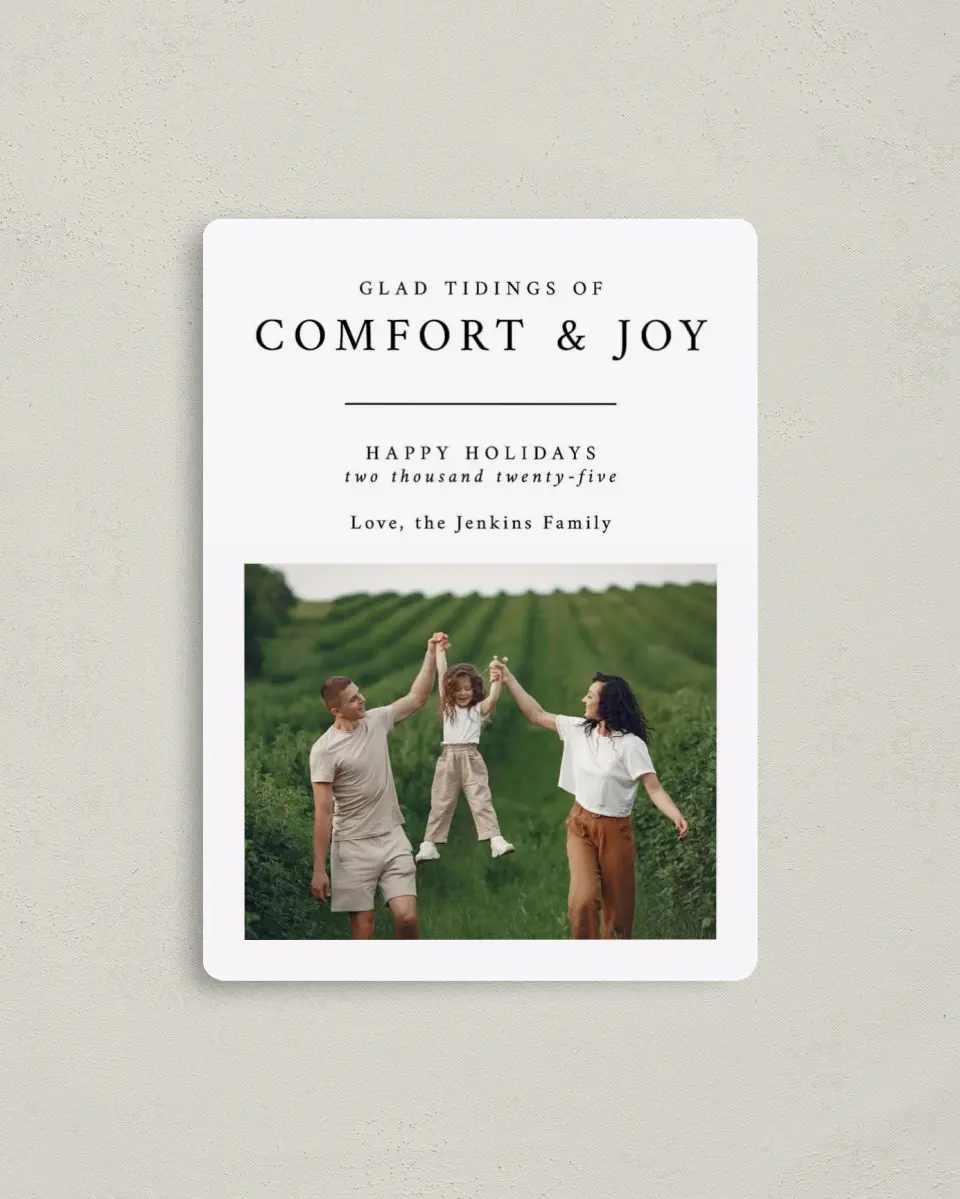This is a 4" x 5½" Christmas Card called Classic Comfort printed in full color with a Luxe Satin finish
