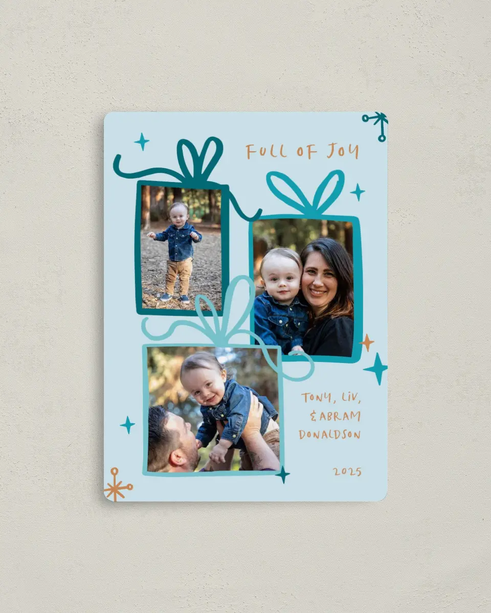 This is a 4" x 5½" Christmas Card called Whimsical Gifts printed in full color with a Luxe Satin finish