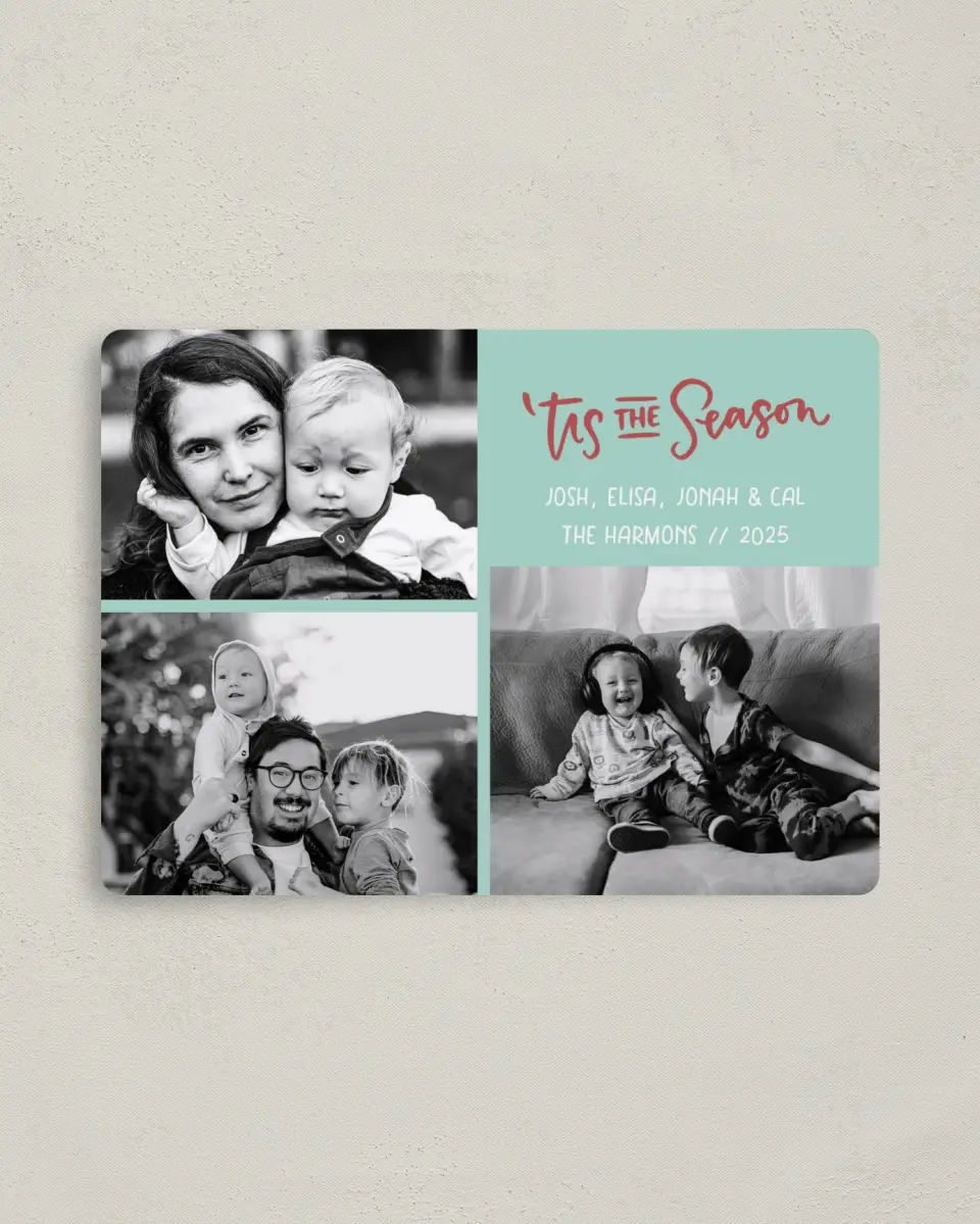 This is a 4" x 5½" Christmas Card called Cheerful Trio printed in full color with a Luxe Satin finish
