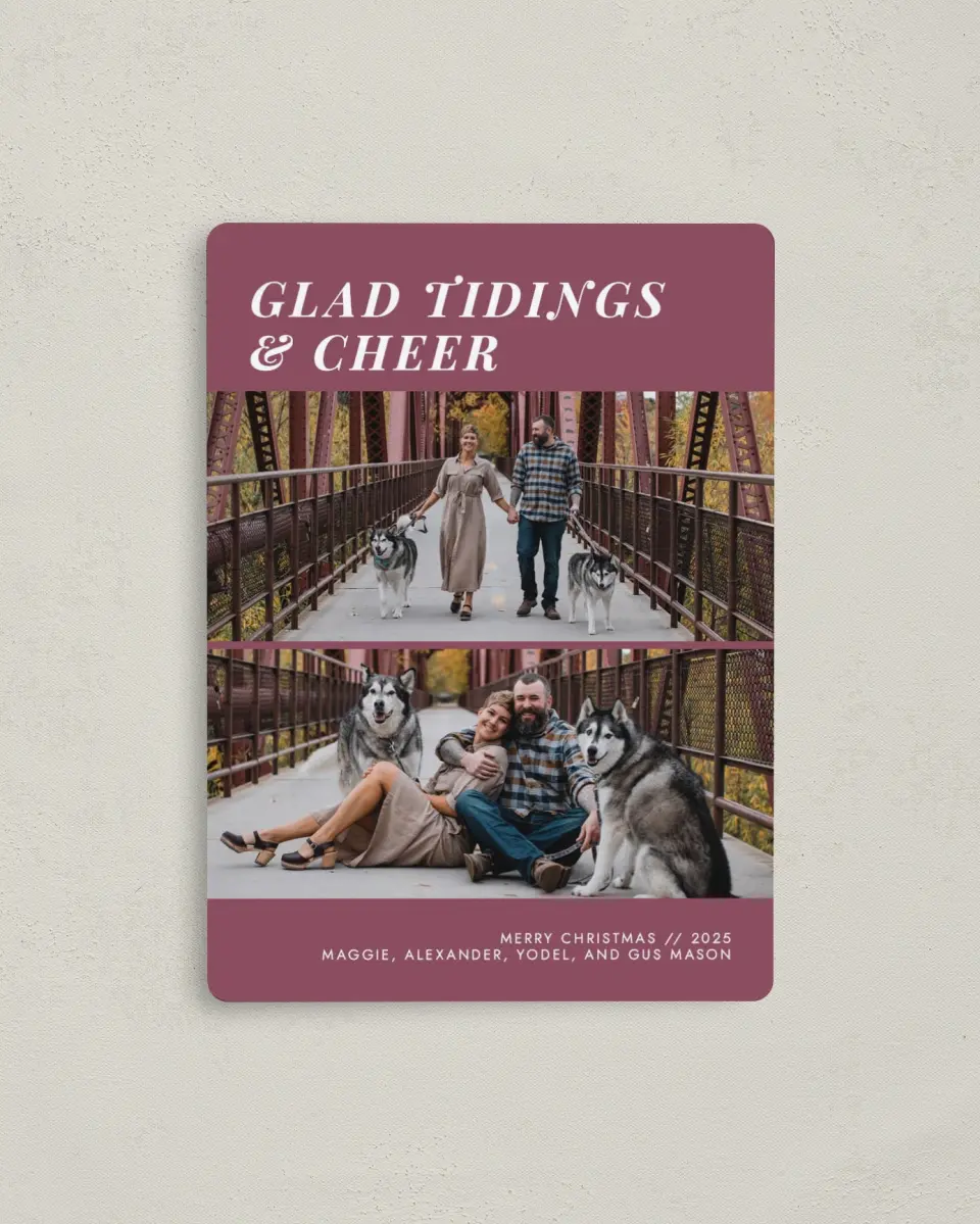 This is a 4" x 5½" Christmas Card called Tidings of Cheer printed in full color with a Luxe Satin finish